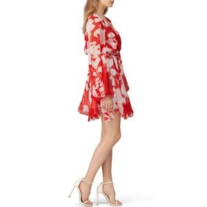 Caroline Constas • Olena Silk Floral Long Puff Sleeve Dress in Red &  White, S